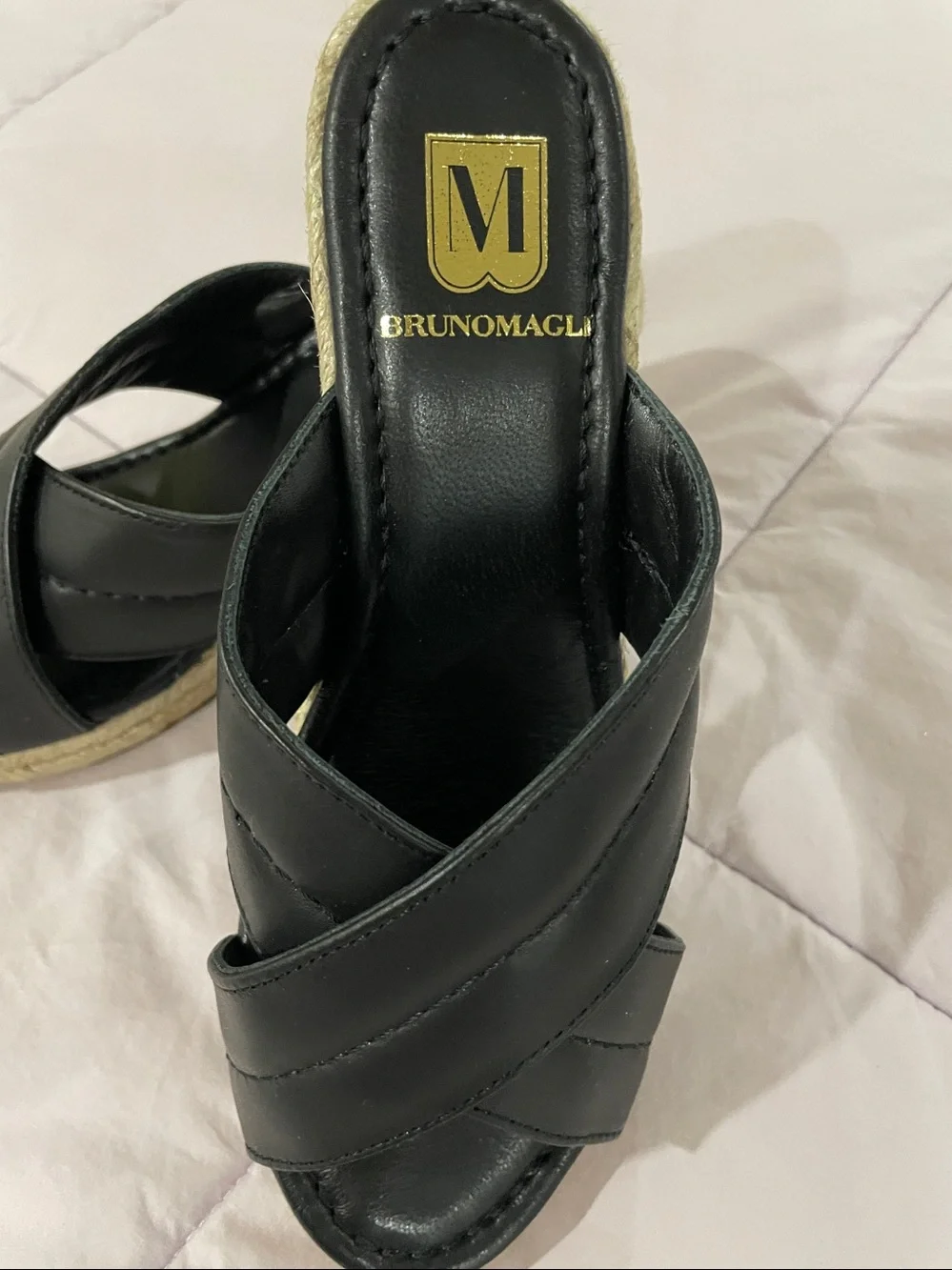 Bruno Magli Black Leather Crossover Espadrille Wedge Slides